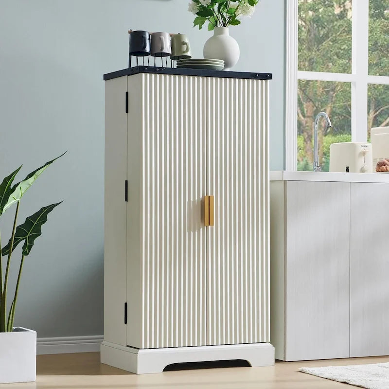 Meuble de rangement moderne à cannelures avec portes à panneaux ondulés, hauteur 119 cm