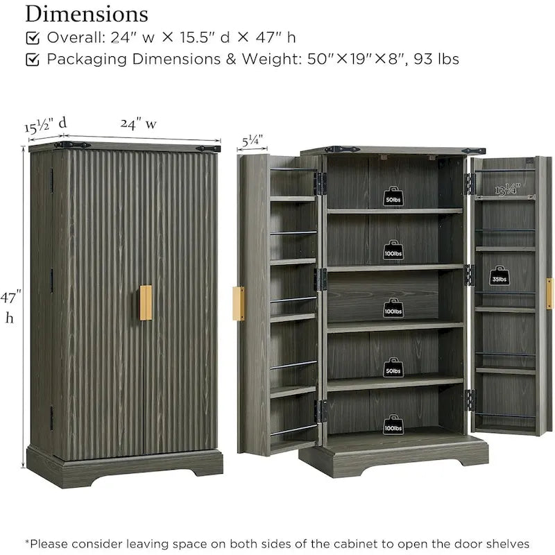 Meuble de rangement moderne à cannelures avec portes à panneaux ondulés, hauteur 119 cm
