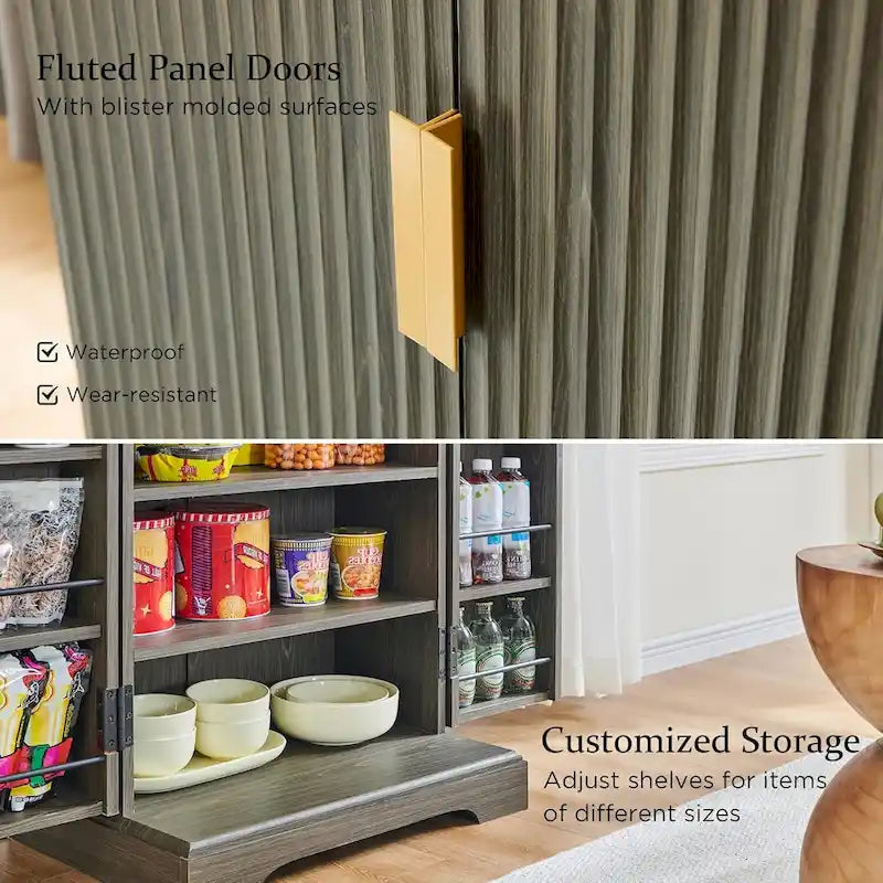 Meuble de rangement moderne à cannelures avec portes à panneaux ondulés, hauteur 119 cm