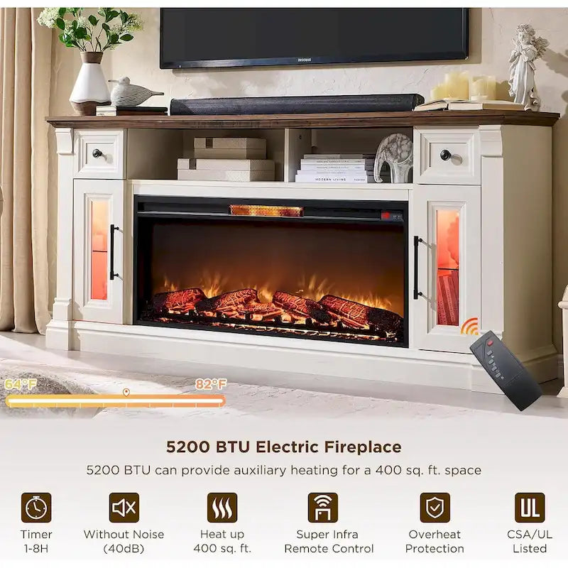 Meuble TV de cheminée de ferme pour téléviseur de 80 pouces, Centre de divertissement