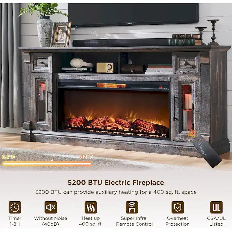 Meuble TV de cheminée de ferme pour téléviseur de 80 pouces, Centre de divertissement