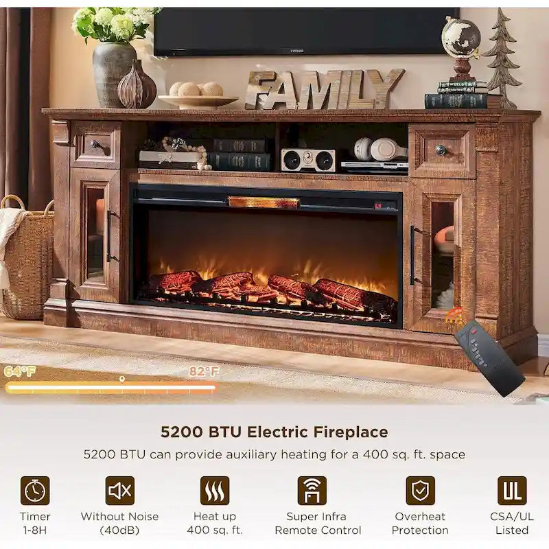 Meuble TV de cheminée de ferme pour téléviseur de 80 pouces, Centre de divertissement