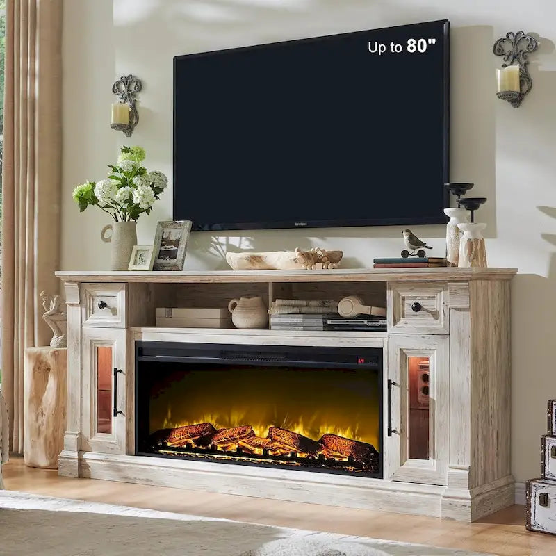 Meuble TV de cheminée de ferme pour téléviseur de 80 pouces, Centre de divertissement