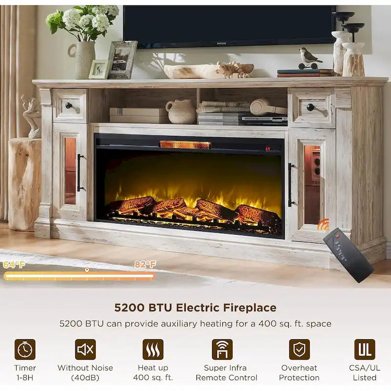 Meuble TV de cheminée de ferme pour téléviseur de 80 pouces, Centre de divertissement
