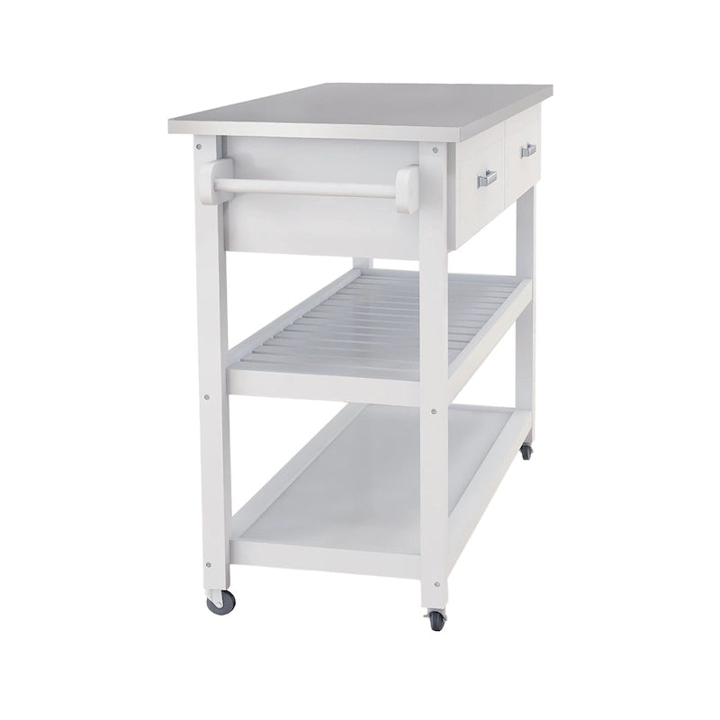 Chariot de cuisine blanc avec plateau en acier inoxydable et deux tiroirs