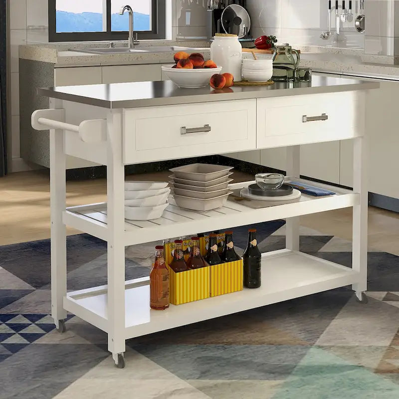 Chariot de cuisine blanc avec plateau en acier inoxydable et deux tiroirs