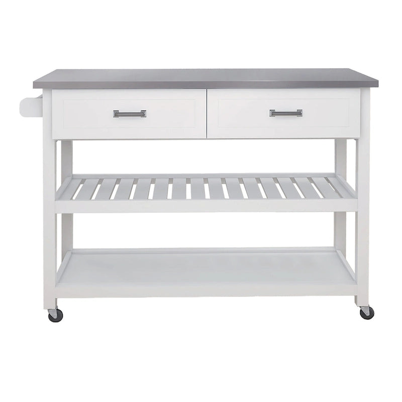 Chariot de cuisine blanc avec plateau en acier inoxydable et deux tiroirs