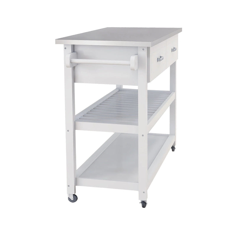 Chariot de cuisine blanc avec plateau en acier inoxydable et deux tiroirs