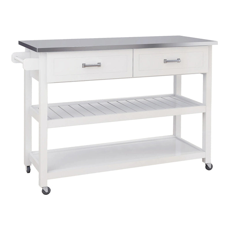 Chariot de cuisine blanc avec plateau en acier inoxydable et deux tiroirs