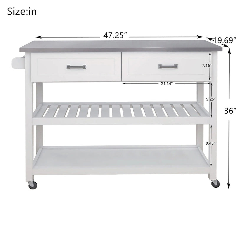 Chariot de cuisine blanc avec plateau en acier inoxydable et deux tiroirs