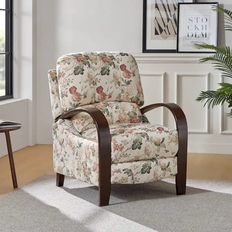 Fauteuil inclinable manuel en tissu fleuri avec accoudoirs courbés