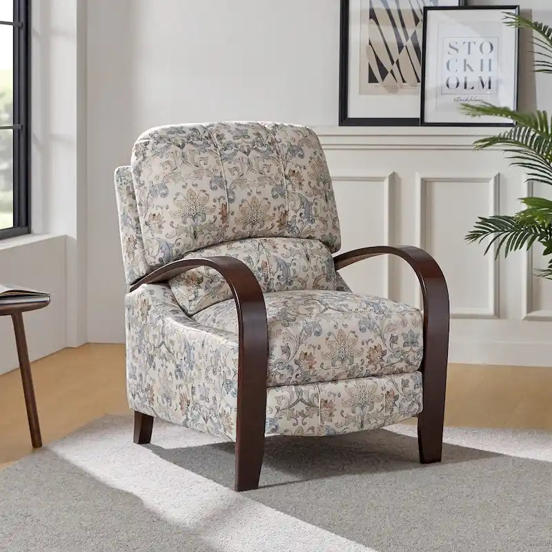 Fauteuil inclinable manuel en tissu fleuri avec accoudoirs courbés
