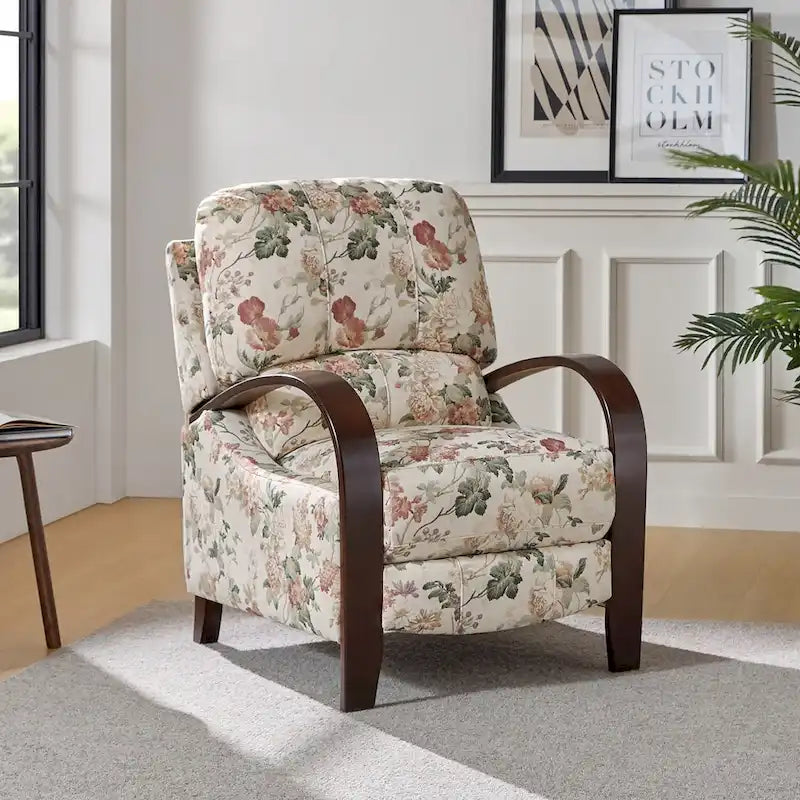 Fauteuil inclinable manuel en tissu fleuri avec accoudoirs courbés