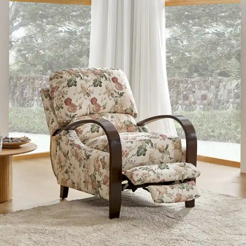 Fauteuil inclinable manuel en tissu fleuri avec accoudoirs courbés