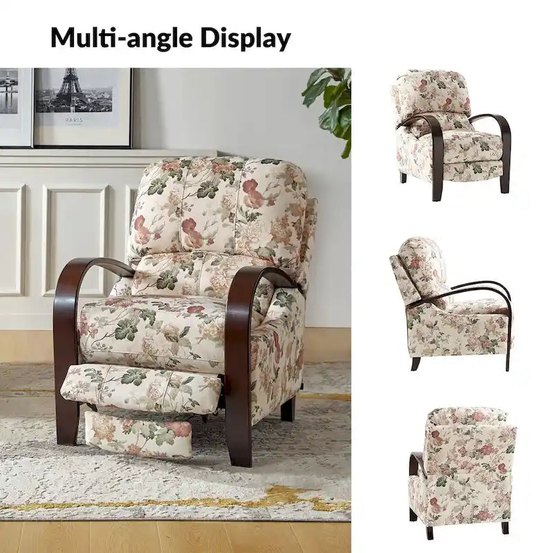 Fauteuil inclinable manuel en tissu fleuri avec accoudoirs courbés
