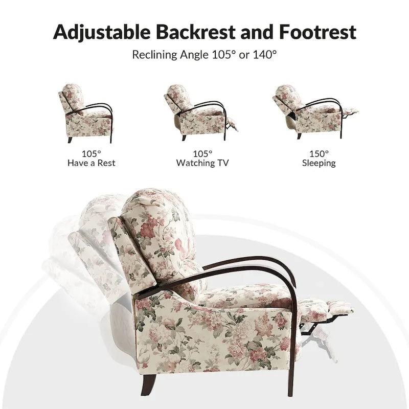 Fauteuil inclinable manuel en tissu fleuri avec accoudoirs courbés