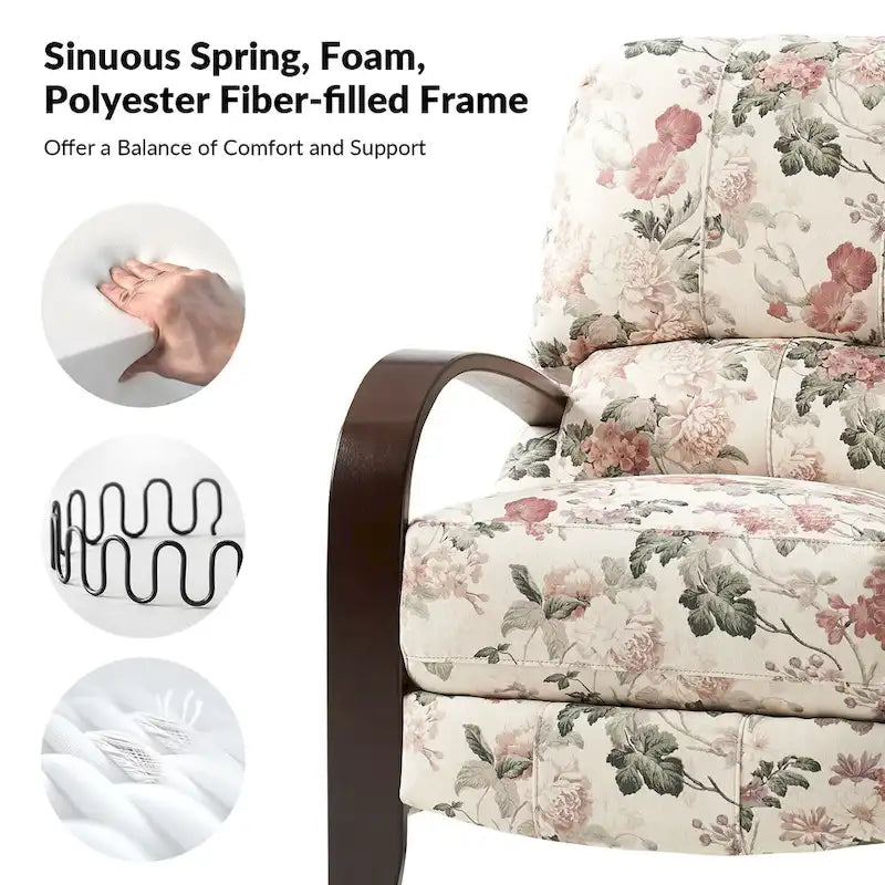 Fauteuil inclinable manuel en tissu fleuri avec accoudoirs courbés