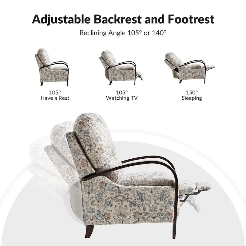 Fauteuil inclinable manuel en tissu fleuri avec accoudoirs courbés