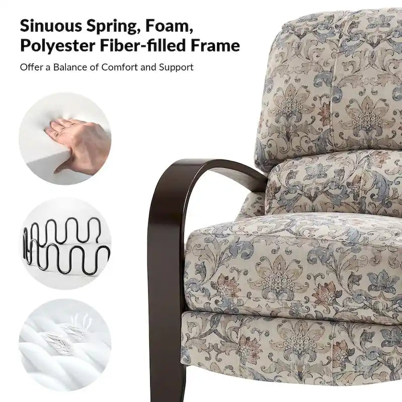 Fauteuil inclinable manuel en tissu fleuri avec accoudoirs courbés