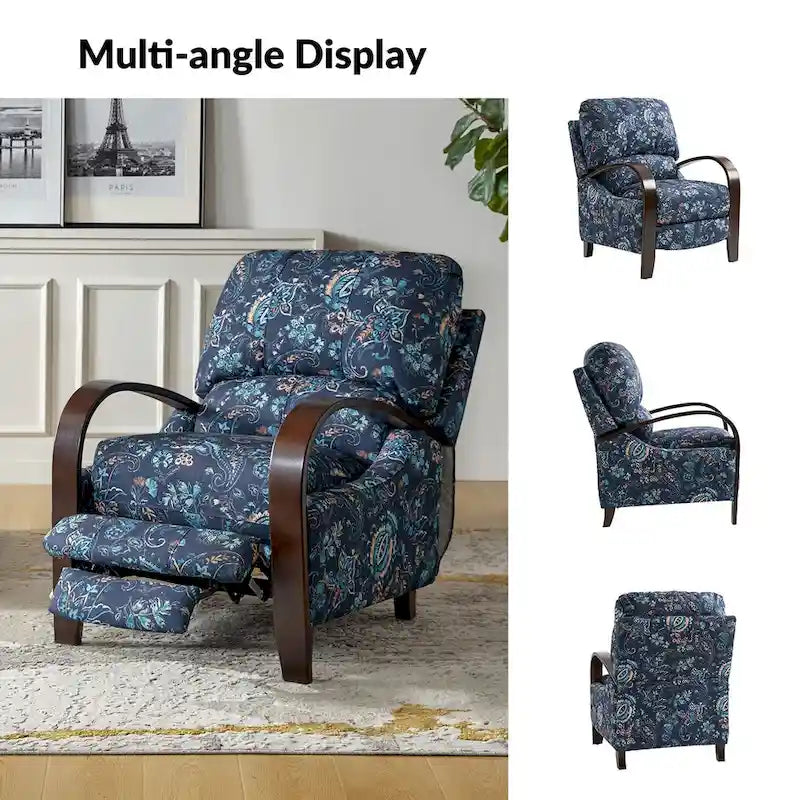 Fauteuil inclinable manuel en tissu fleuri avec accoudoirs courbés