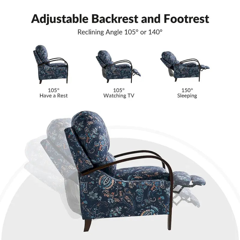 Fauteuil inclinable manuel en tissu fleuri avec accoudoirs courbés