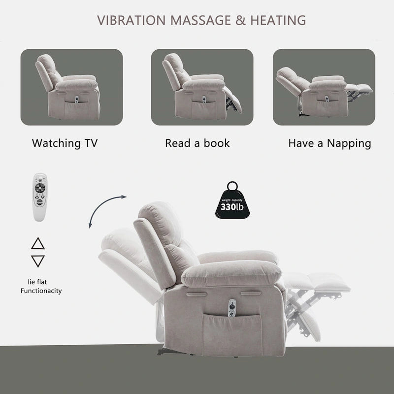 Fauteuil inclinable électrique en velours avec fonction massage réglable et système de chauffage