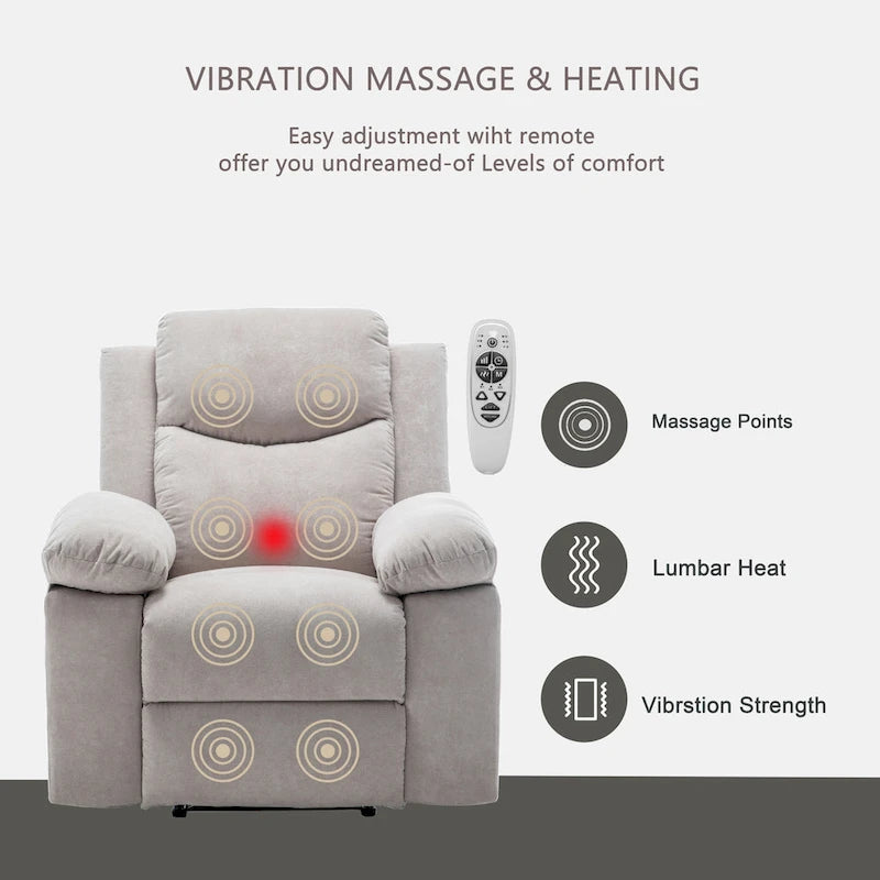 Fauteuil inclinable électrique en velours avec fonction massage réglable et système de chauffage