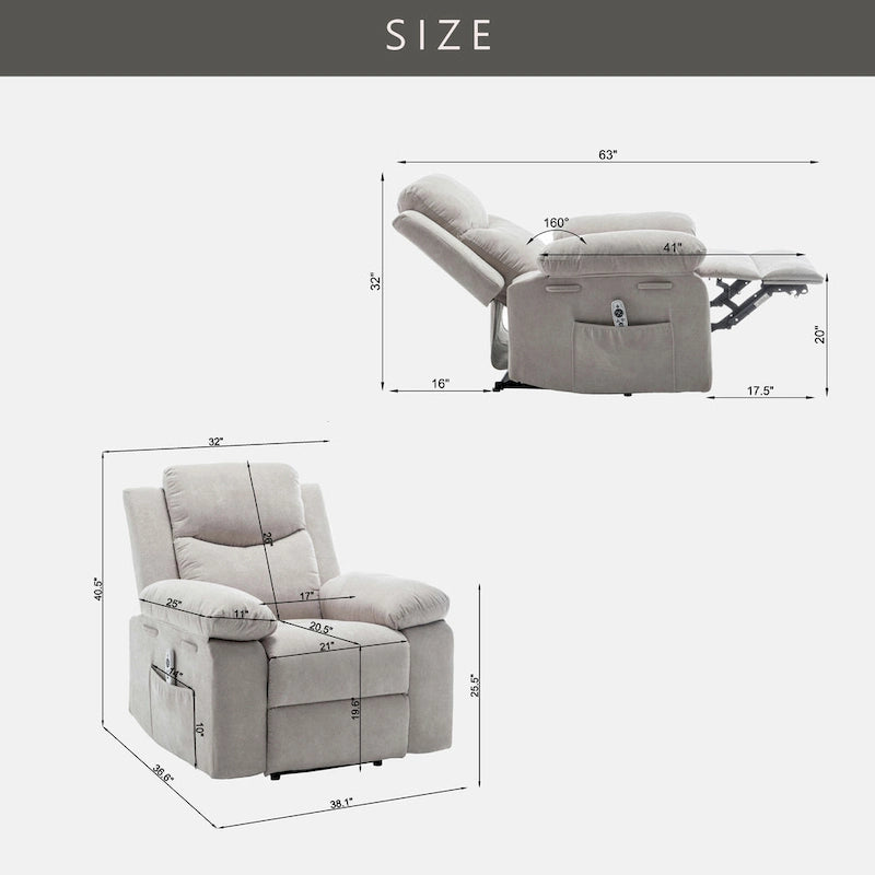 Fauteuil inclinable électrique en velours avec fonction massage réglable et système de chauffage