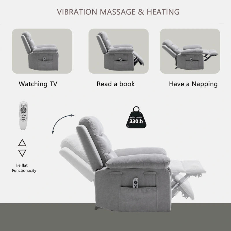 Fauteuil inclinable électrique en velours avec fonction massage réglable et système de chauffage