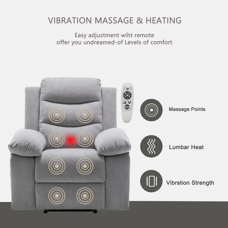 Fauteuil inclinable électrique en velours avec fonction massage réglable et système de chauffage