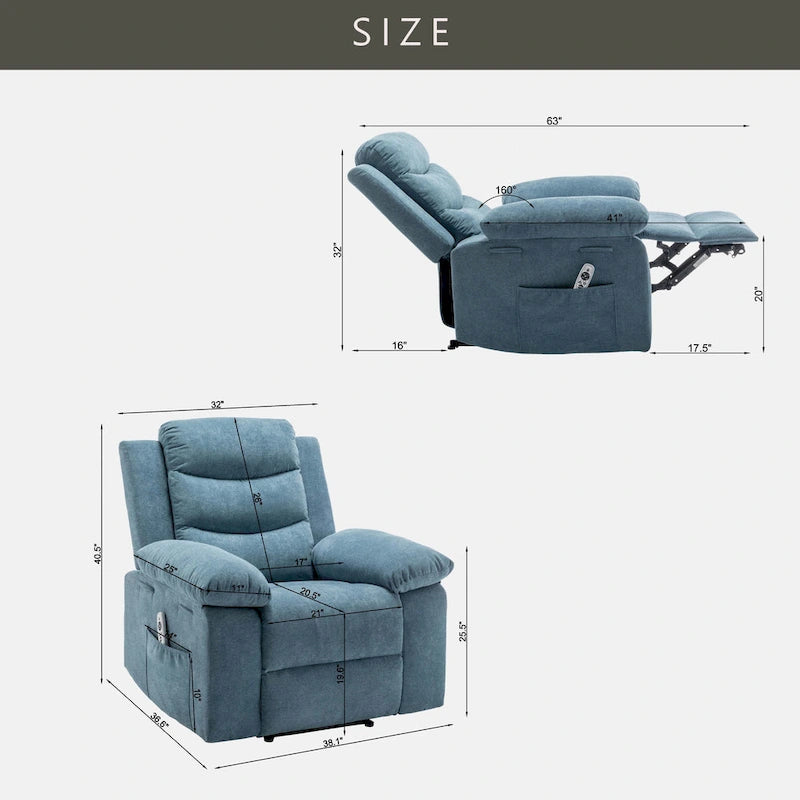 Fauteuil inclinable électrique en velours avec fonction massage réglable et système de chauffage
