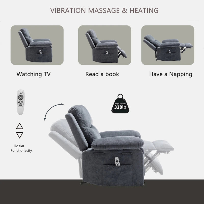 Fauteuil inclinable électrique en velours avec fonction massage réglable et système de chauffage