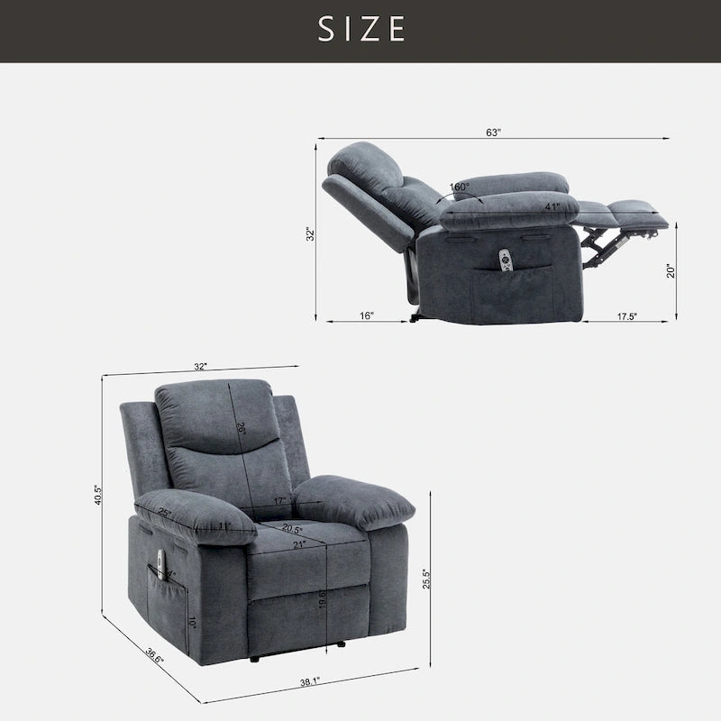 Fauteuil inclinable électrique en velours avec fonction massage réglable et système de chauffage