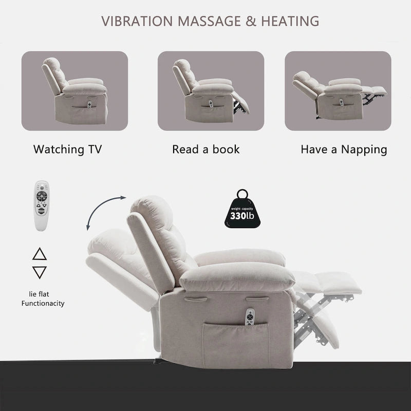 Fauteuil inclinable électrique en velours avec fonction massage réglable et système de chauffage