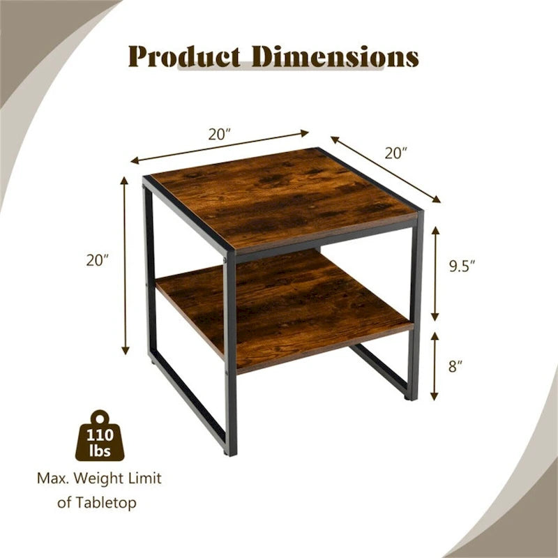 Lot de 2 tables d'appoint carrées industrielles à 2 niveaux, 50,8 x 50,8 cm