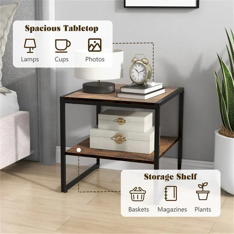 Lot de 2 tables d'appoint carrées industrielles à 2 niveaux, 50,8 x 50,8 cm