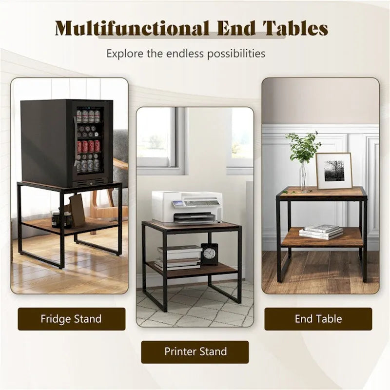 Lot de 2 tables d'appoint carrées industrielles à 2 niveaux, 50,8 x 50,8 cm
