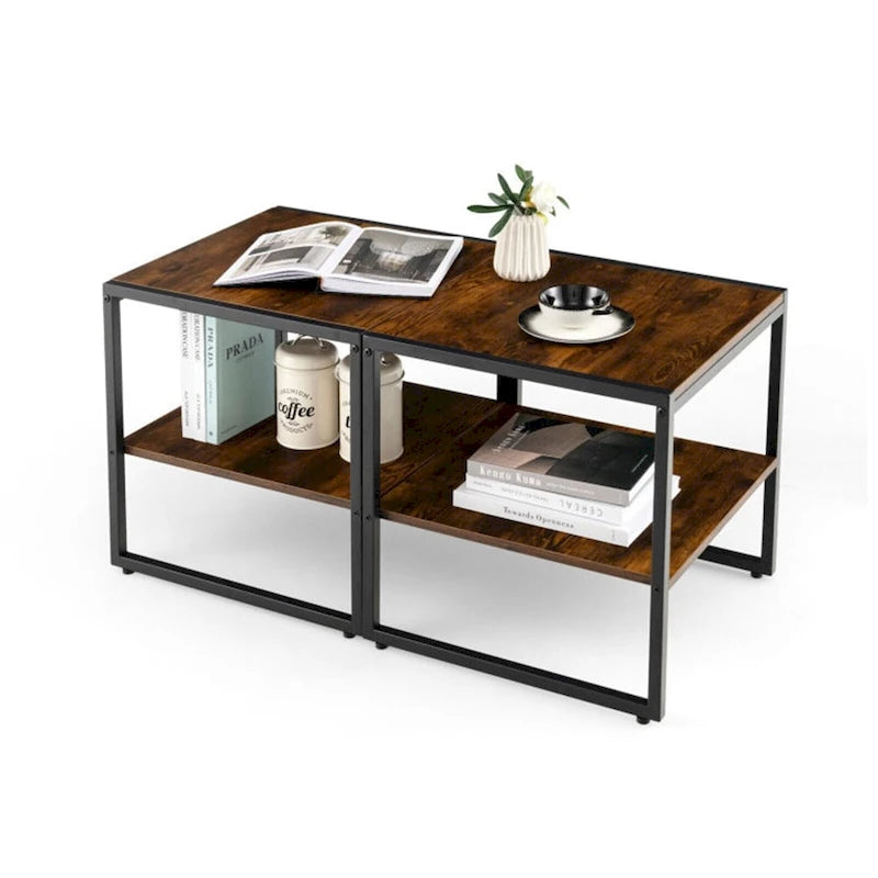 Lot de 2 tables d'appoint carrées industrielles à 2 niveaux, 50,8 x 50,8 cm