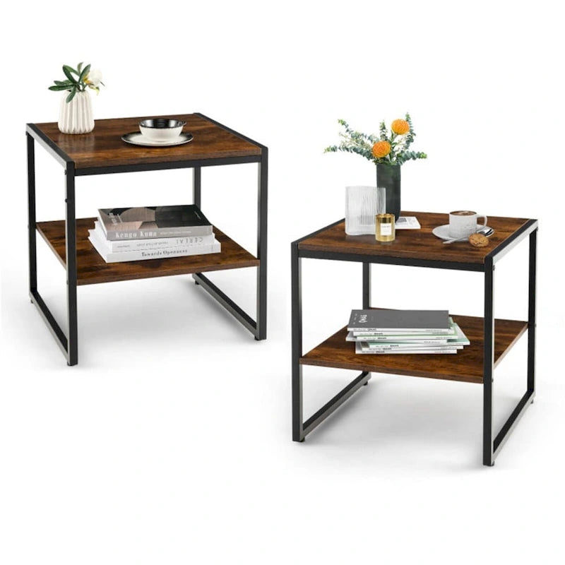 Lot de 2 tables d'appoint carrées industrielles à 2 niveaux, 50,8 x 50,8 cm