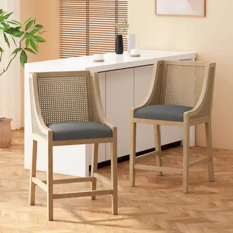 Tabourets de comptoir en bois et rotin garnis de tissu de style campagnard français, ensemble de 2