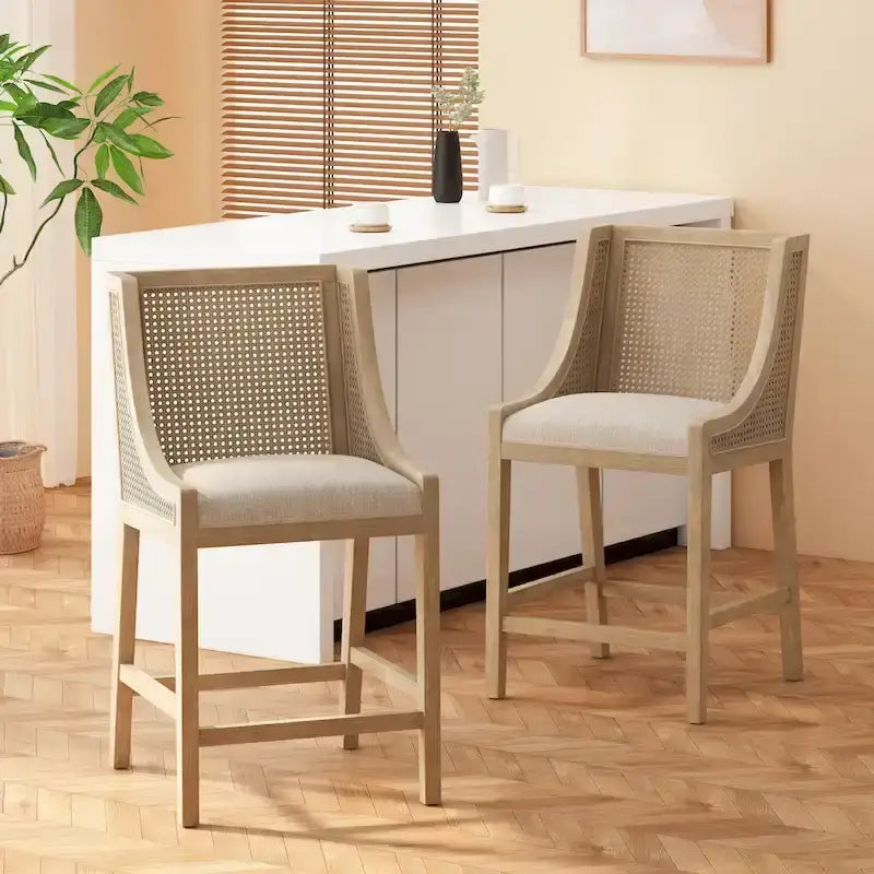 Tabourets de comptoir en bois et rotin garnis de tissu de style campagnard français, ensemble de 2