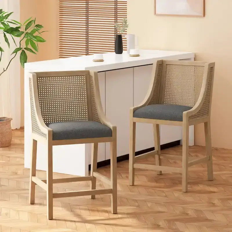Tabourets de comptoir en bois et rotin garnis de tissu de style campagnard français, ensemble de 2