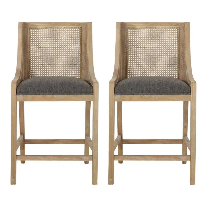 Tabourets de comptoir en bois et rotin garnis de tissu de style campagnard français, ensemble de 2