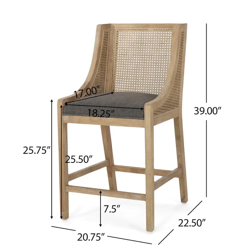 Tabourets de comptoir en bois et rotin garnis de tissu de style campagnard français, ensemble de 2