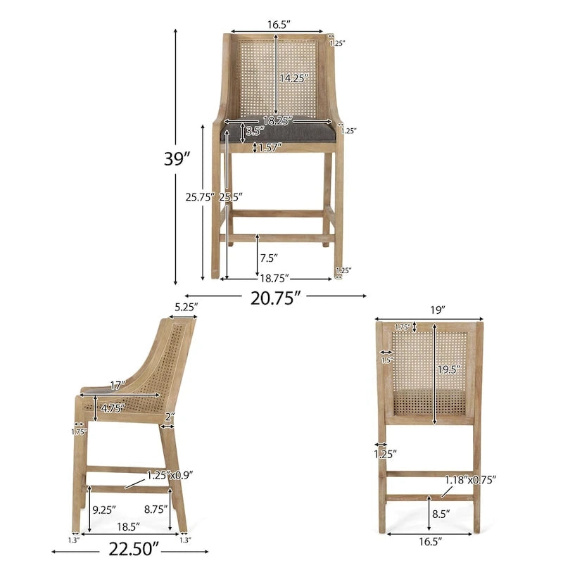 Tabourets de comptoir en bois et rotin garnis de tissu de style campagnard français, ensemble de 2