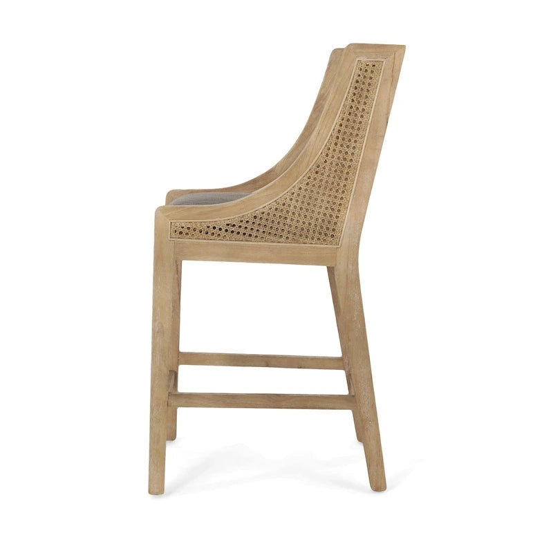 Tabourets de comptoir en bois et rotin garnis de tissu de style campagnard français, ensemble de 2