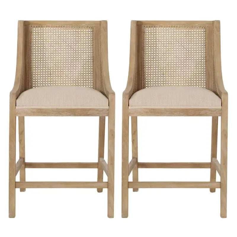 Tabourets de comptoir en bois et rotin garnis de tissu de style campagnard français, ensemble de 2