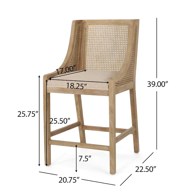 Tabourets de comptoir en bois et rotin garnis de tissu de style campagnard français, ensemble de 2