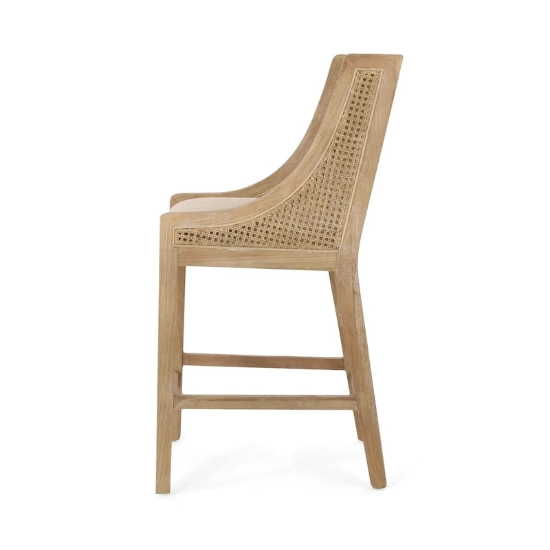 Tabourets de comptoir en bois et rotin garnis de tissu de style campagnard français, ensemble de 2