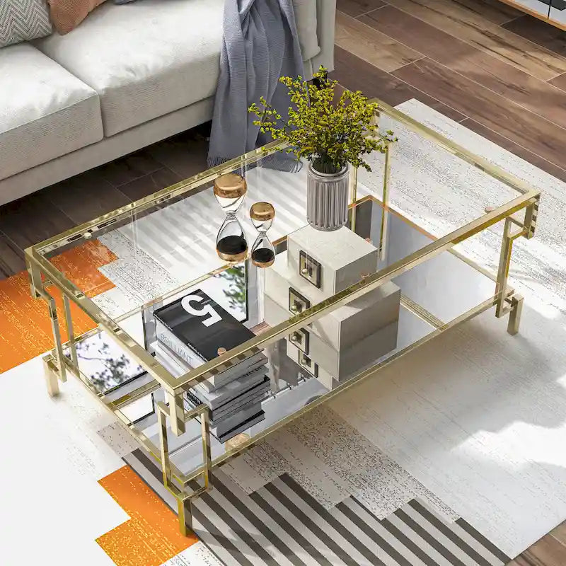 Table basse Glam de 43 pouces avec plateau en verre et étagère miroir